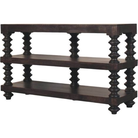 Console étagère à fuseaux carbone cendré en bois massif, 2 étagères inférieures, Brun foncé