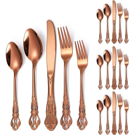 Ménagère 30 Pièces Rose Gold en Acier Inoxydable, Motif Relief Vintage, Service de Couverts pour Cuisine et Réceptions (1/5)