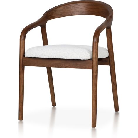 Nussbaumfarbener Holzstuhl im skandinavischen Stil mit Sitz aus hellem meliertem beigem Stoff – Eleganz und Komfort (1/5)