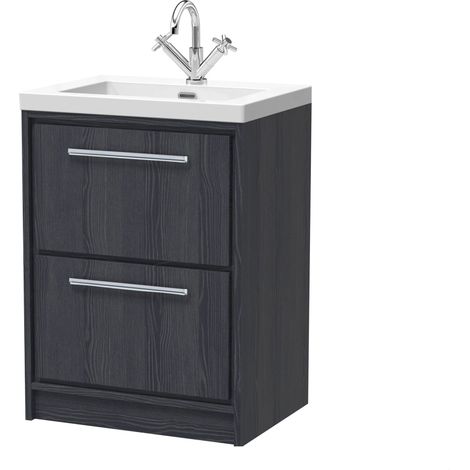 Longnor 2 Drawer Floor Standing Vanity Unit with 1 Tap Hole Modern Fireclay Basin, Woodgrain Graphite Grey, 600mm (1/4)