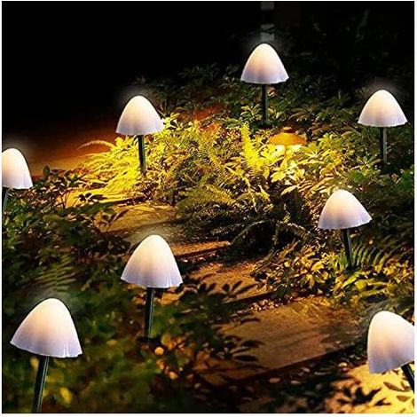 Luces solares para jardín exterior. Paquete de 12 luces LED con forma de hongo para caminos, guirnaldas de luces solares, luces de jardín impermeables con estacas para decoración. (1/4)
