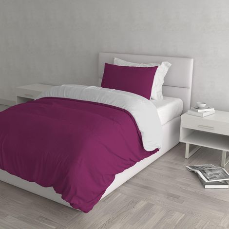 housse de couette double-face couleur unie avec taies d'oreiller, 100 % Coton, Fuchsia/Gris Clair, single (1/5)