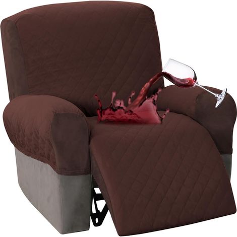 4-Piece Quilted Velvet Waterproof Recliner Chair Cover, Non-Slip Sofa Cover, Furniture Protector for Children and Pets (Brown, Large) (1/5)