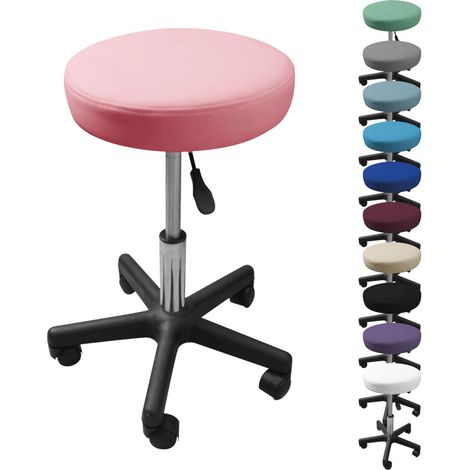Tabouret d'atelier rond à roulettes réglable en hauteur de 43.5 à 60.5 cm et pivotable à 360° - Rose pastel - Vivezen