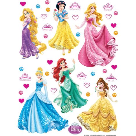 sticker mural Princesses bleu, jaune, rose et violet  - Disney