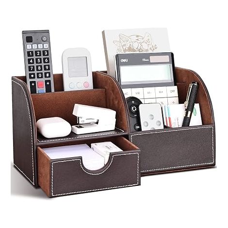 Organisateur de Bureau Multifonctions Pot a crayon en Cuir Rangement Bureau Organisateur avec tiroir (Marron) (1/4)