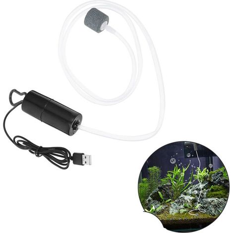Pompe à oxygène pour aquarium - Aérateur silencieux - USB portable - Avec pierre à air et tuyau en silicone - Oxygène pour aquarium d'eau douce et d'eau salée 1 W - Noir (1/4)