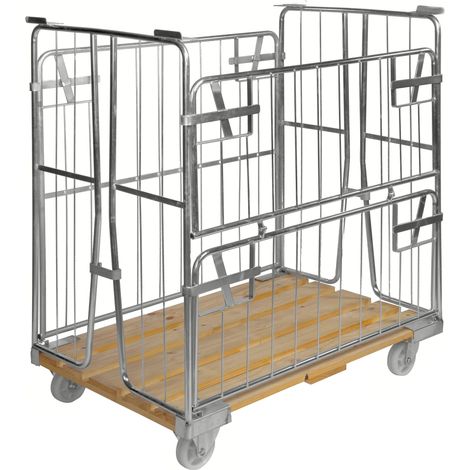 Kongamek Rollcontainer verzinkt 1200x800x1420mm mit Holzboden, 4 Gitterwänden, 1 Tür in der Hälfte zu öffnen und Bremse