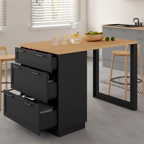VITO 130 cm 3 cajones negro isla central con encimera de madera, 4 personas