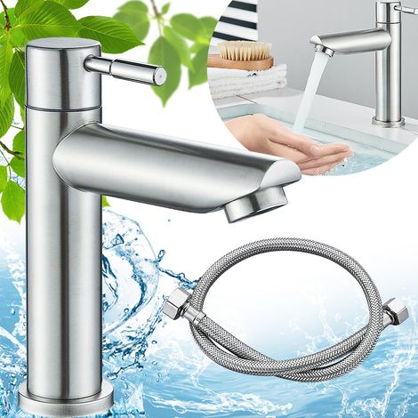 Robinet Salle Bain, Robinet Lave Main Eau Froide, Mitigeur Lavabo, Mitigeur Monocommande pour Salle De Bain, Robinet Lavabo, Avec Tuyau De 60cm, Aux Salles De Bains Et Aux Cuisines(Argent) (1/5)