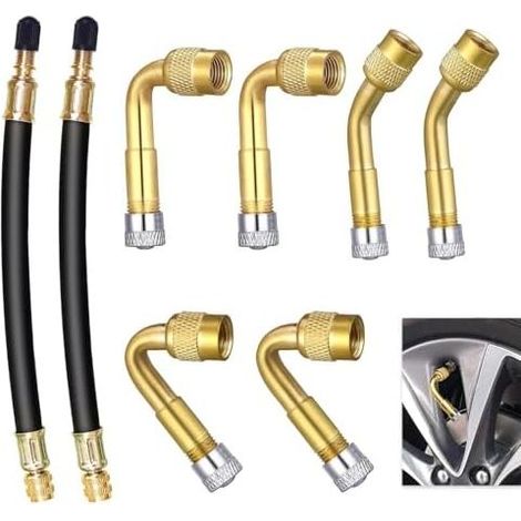 8 Pièces Rallonge Extension Valve Pneu, Pneu Coudées à 45° 90° 135° et 2 Tubes Caoutchouc Flexible 180mm Adaptateurs de en Laiton Caoutchouc, pour Voiture Moto Vélo Camion - (1/5)