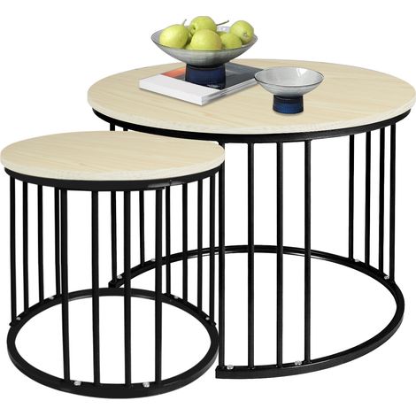 Lot de 2 tables basses gigognes rondes 60/40cm – Structure métal Noir– Plateau bois – Design industriel chic – Montage facile (1/5)
