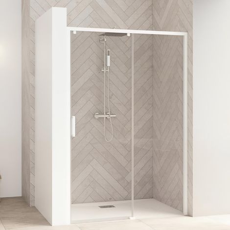 Kinedo – Porte de douche coulissante 120 cm – Verre transparent – Profilé blanc – Partie fixe à droite – Accès facile (1/3)