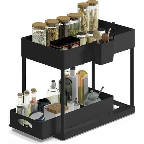 Étagère d'évier de salle de bain avec crochets utilitaires et panier latéral pour rangement sous armoire, 1 pièce, noir (1/5)