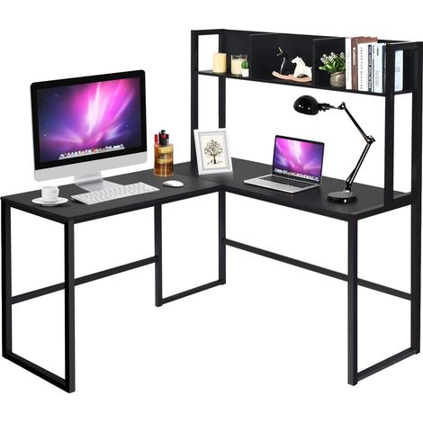 COSTWAY L-Shaped Computer Desk, Industrial Large 2-Person Corner Writing Workstation PC Laptop Table with Storage Bookshelf, Home Office Work Study Gaming Desk (Black) (1/5)