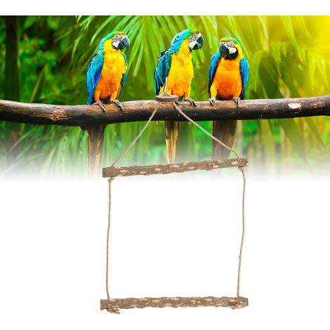 Columpio para loros de madera natural, jaula colgante grande y segura para pájaros, 48 cm, con juguete para roer y soporte. (1/5)