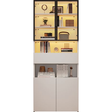 ELVMI Vitrine avec 4 Portes, 1 Tiroir et 2 Niches Ouvertes, LED Pilotée par Application, Blanche, 70 x 30 x 200 cm (1/5)