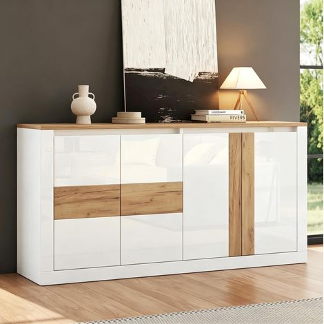 Credenza 4 ante 140x35x70 cm in MDF bianco lucido e rovere naturale con LED RGB e ripiani regolabili (1/5)