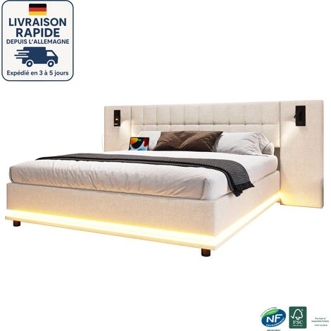 Lit double capitonné 180 x 200 - Tête de lit avec spot -Tête de lit atmosphérique - bandes lumineuses à LED - ports et prises USB - sommier à lattes - linge- Beige (1/5)