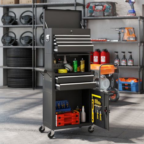 Carrello da officina in acciaio con serratura, carrello portautensili 3 in 1 con ruote, 6 cassetti e pannello forato, nero