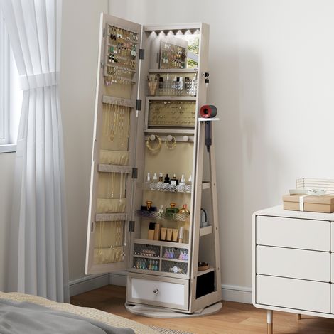 Miroir à bijoux avec lumières LED Armoire à bijoux avec miroir entier rotatif à 360° Tiroir serrure naturel