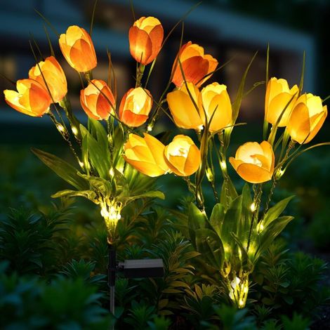 Lot de 2 lampes solaires de jardin – Lampes solaires décoratives avec 14 tulipes, décorations de jardin étanches pour terrasse, cour, clôture, pelouse [Classe énergétique A] (1/5)