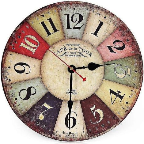 BelleRise - Horloge murale vintage silencieuse en bois radiocommandée pour cuisine, bureau, salon et chambre (Vintage Paris) (1/4)
