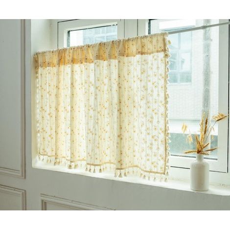 Rideau court de cuisine – 140 x 100 cm – Coton – Motif floral et pompons – Campagnard – Fenêtre et camping-car (1/5)