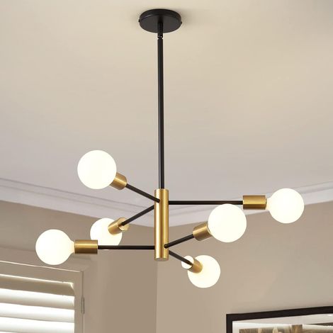 Lustre moderne Spoutnik, plafonnier 6 lumières style milieu du siècle, suspension industrielle rétro, lustre, lumière chaude (avec ampoules) (1/5)
