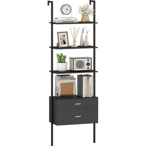 Libreria a scala a 6 ripiani con 2 cassetti e struttura in metallo, Libreria a scala da parete alto 184 cm Nero (1/4)