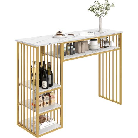 CHICFURN Tavolo da bar con contenitore 140x40x105 cm, MDF bianco effetto marmo, metallo dorato (1/5)