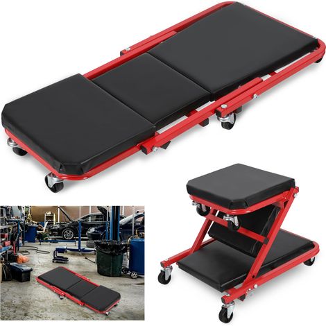 Wolketon Carrello sottomacchina 2 in 1 da 36 pollici, lettino e sgabello da officina, 6 ruote 360°, portata 150/120 kg, nero rosso (1/5)
