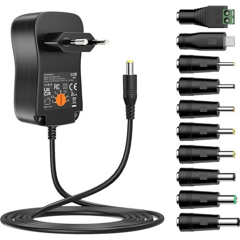 36W Adaptateur Secteur Universel AC à DC 3V 4.5V 5V 6V 7.5V 9V 12V 3A Transformateur d'alimentation à Découpage avec 10 Connecteurs DC pour électroniques, 3000mA Max. (1/5)