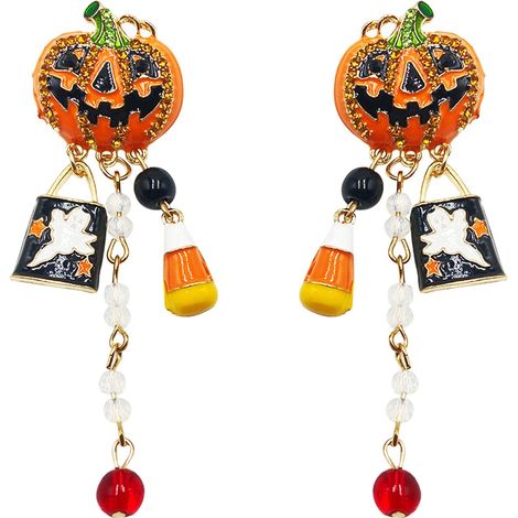 Boucles d'oreilles pendantes citrouille et fantôme d'Halloween - Citrouille souriante avec breloques bonbons et fantôme, bijoux festifs pour femmes, accessoire de fête effrayant (1/5)