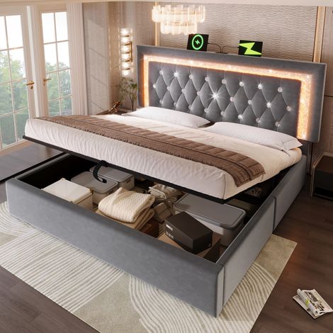 Cama con almacenaje 180x200 cm gris de terciopelo con LED, puertos USB y USB-C (1/5)