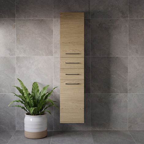 Napoli Light Oak 350mm x 1600mm Wall Mounted Storage Unit - 350mm - Gunmetal Grey 160mm Handle
