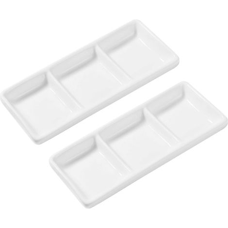 BESTONZON Lot de 2 plateaux de service rectangulaires en céramique blanche pure de 15 cm (6 pouces) à 3 compartiments pour apéritifs, sauce soja et épices.-White