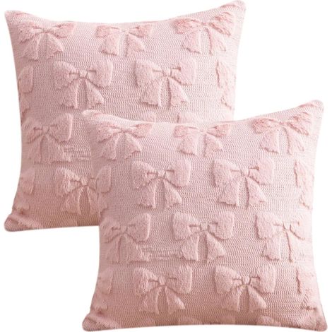 Set di 2 federe decorative per cuscini in morbida e soffice pelliccia sintetica per camera da letto, soggiorno, divano, letto e auto - 45 x 45 cm (fiocco rosa) (1/5)