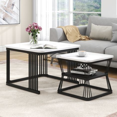 Set de 2 tables d'appoint modernes, MDF aspect marbre, tube d'acier blanc noir brillant, 2 tables mesurant 65x65x45 cm et 45x45x39,5 cm (1/5)