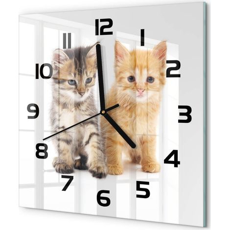 Horloge Murale Carrée Déco Moderne en Verre Silencieuse Salon Cuisine Chat brun-roux 30x30 cm (1/5)