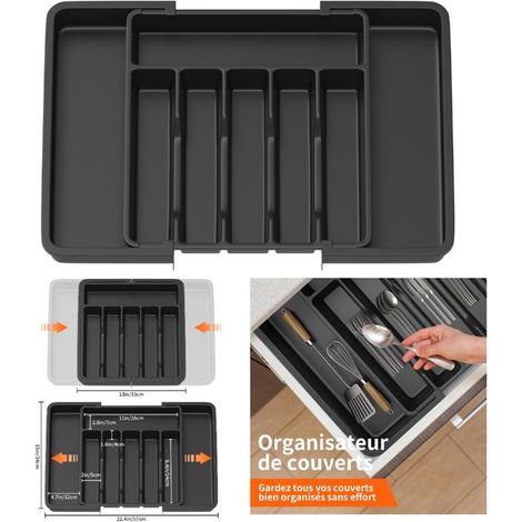 Cutlery Organizer for Drawer, 6-8 Compartments, Expandable Utensil Tray for Drawer, Sturdy, Easy to Clean, Black