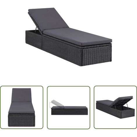 The Living Store Chaise longue Résine tressée Noir et gris foncé - Chaises Longues - Transats - Mobilier De Jardin - Chaises De Jardin - Bain De Soleil (1/5)