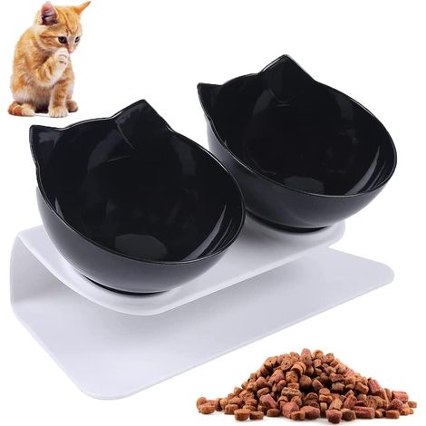 Gamelle Chat, Bol à Double Chat, 15°Inclinable Support, Antidérapant, pour Réduire Les Douleurs Au Cou des Animaux Domestiques, pour Chats Et Chiens De Petite Taille (Noir)