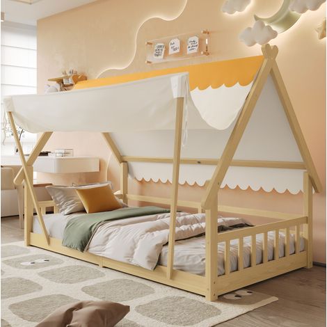 Lit cabane en bois 90 x 200 cm lit enfant avec tente amovible, barrières de sécurité, sommier à lattes (1/4)