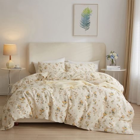Parure de lit réversible en Coton avec Housse de Couette et 2 taies d'oreiller Motif Floral Jaune pour lit Double pour Filles et Femmes (1/5)