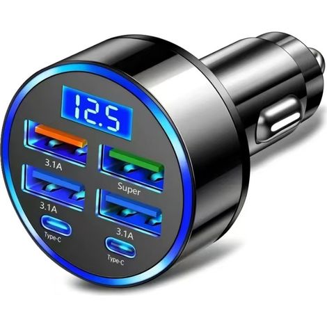 Car charger, fast-charging cigarette lighter socket, equipped with USB-C and USB-A ports, LED display. (1/4)