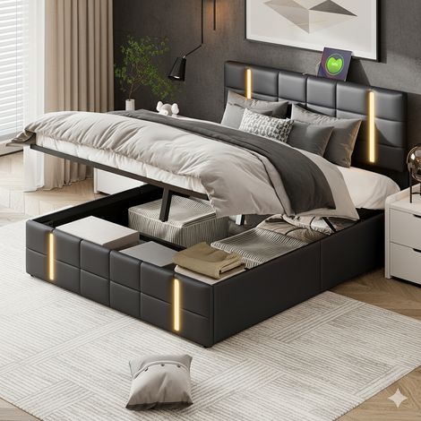 Bett 160 x 200 cm – Bettkasten 160 x 200 – Doppelbett – Bettrahmen – Kopfteil mit RGB-LED-Beleuchtung, 2 USB-Anschlüssen und Stauraum – Kunstleder schwarz