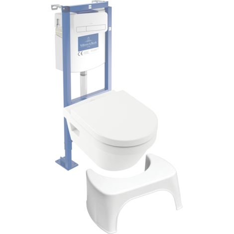 Pack inodoro suspendido VILLEROY ET BOCH Architectura sin reborde Directflush + asiento + placa blanca + estructura + taburete blanco