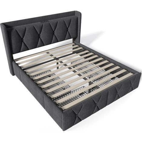 Letto contenitore 140x200 cm grigio con 4 cassetti, porte USB e prese, testiera imbottita (1/5)