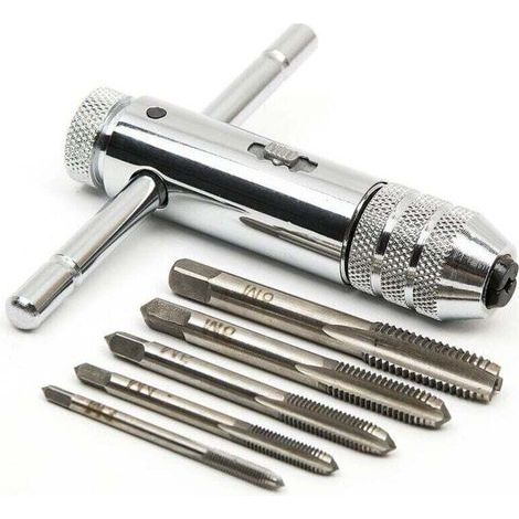Tarauds manuels, tarauds métriques, tarauds et filières, tarauds M3, M4, M5, M6 et M8, tarauds avec porte-taraud à cliquet commutable (1/5)